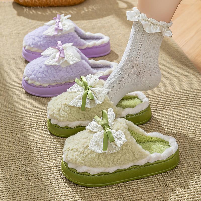 Cotton slippers home autumn and winter bow cotton shoes indoor soft sole non-slip warm shoes plush thick sole cotton mop
