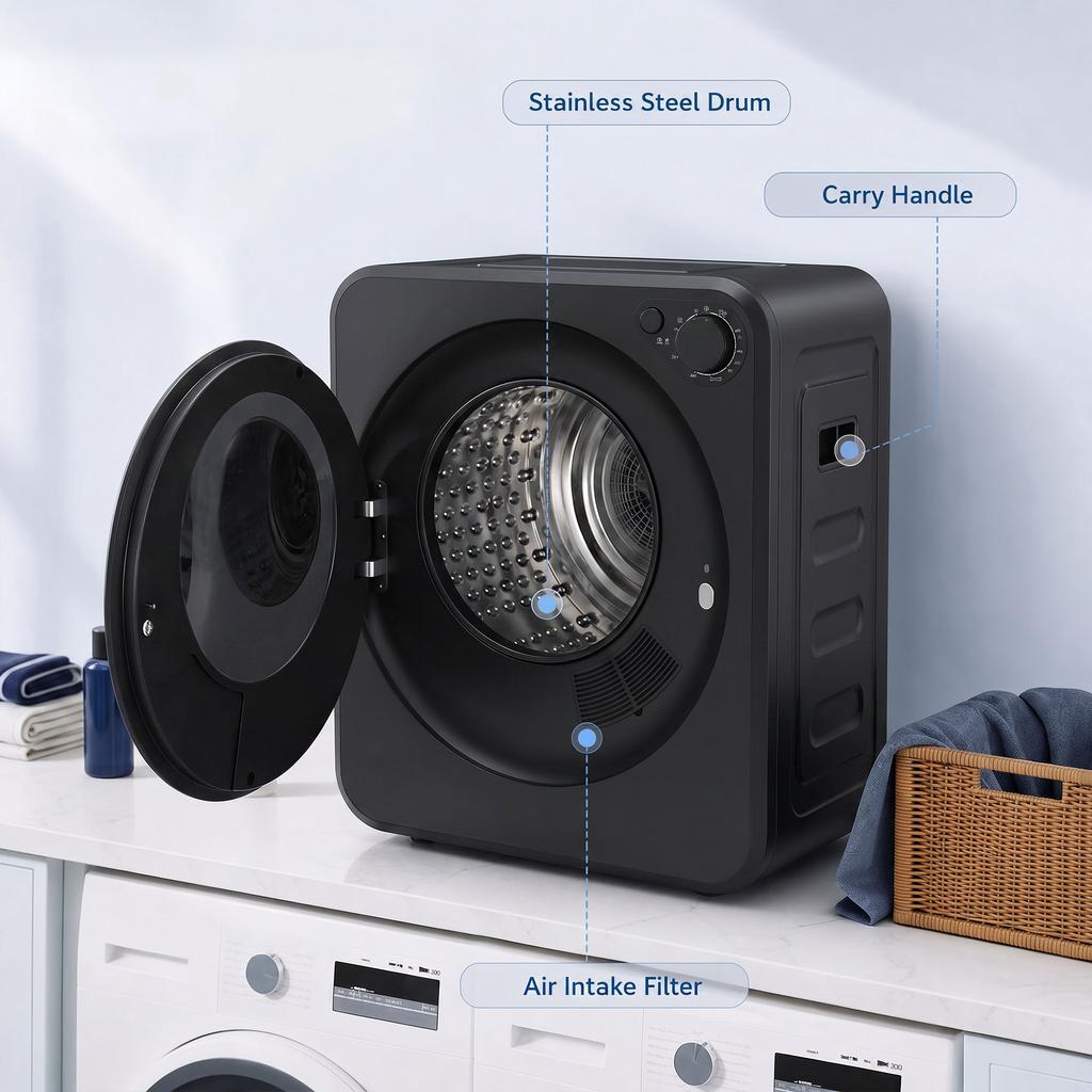 Vented Tumble Dryer Front Load Laundry Dryer 2 Power Modes Black