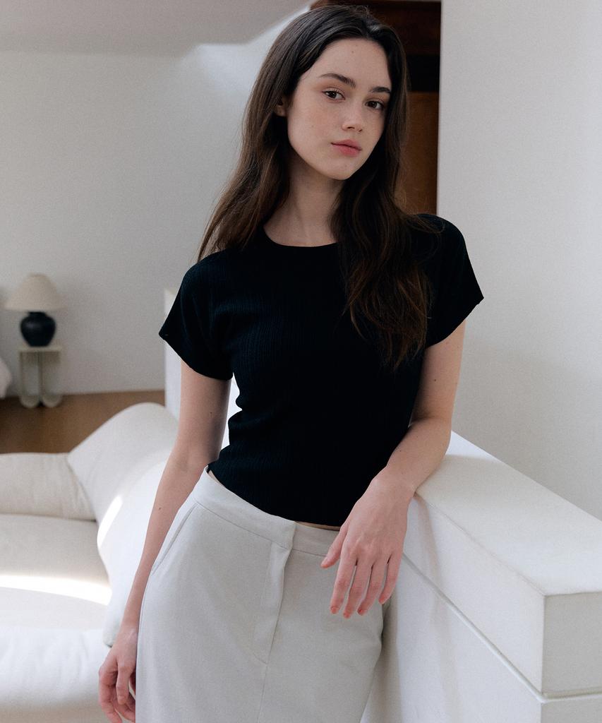 Meojiaenminggeul Arin Wholegarment Pleats Short Sleeve Knit Top (Black)