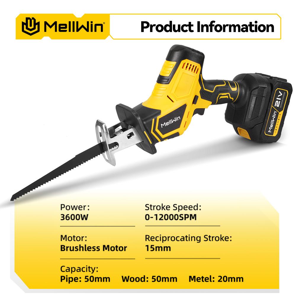 MELLWIN Brushless Electric Reciprocating Saw With 4Saw Blades Metal Wood Cordless Electric CutSaw Tool For Makita 18VBattery Pin