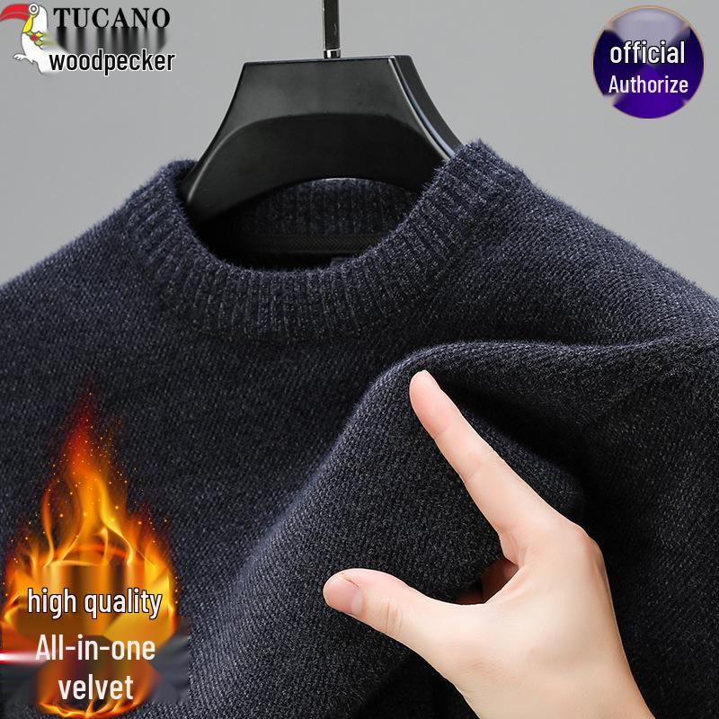 Woodpecker Men s Plus Velvet Thick Sweater - 2025 Winter Round Neck Base Layer 170/L for 120-140kg темно-серого