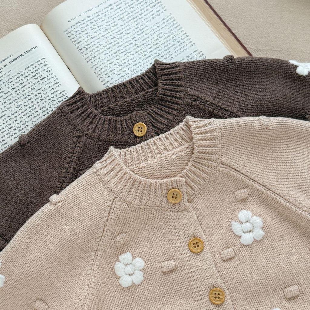 Embroidered Flower Knit Cardigan for Baby Girls, Wave Point Style, Thickened for Autumn and Winter