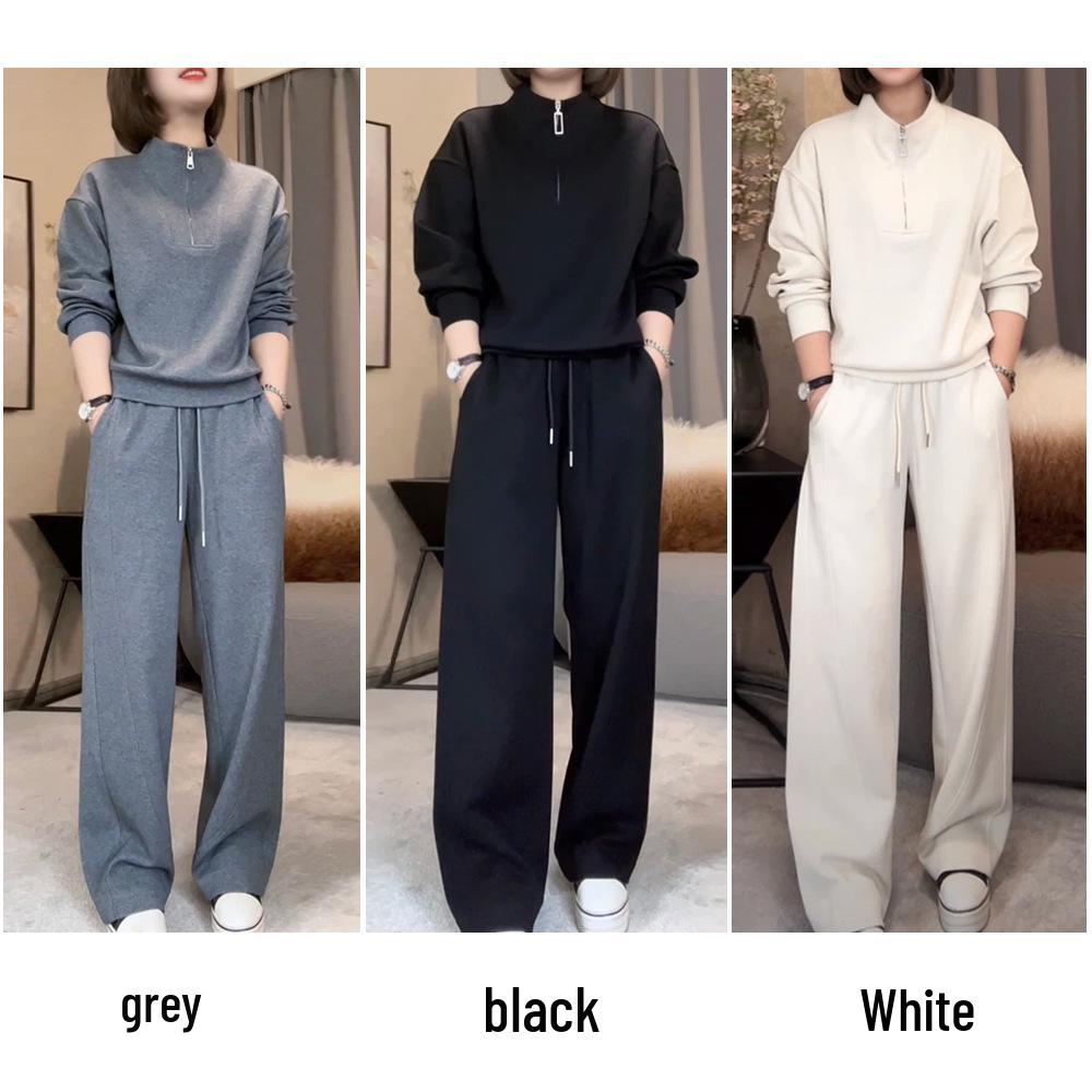 Women's 2025 Spring/Autumn Casual Slimming Sweatshirt Set with Stand-up Collar Design