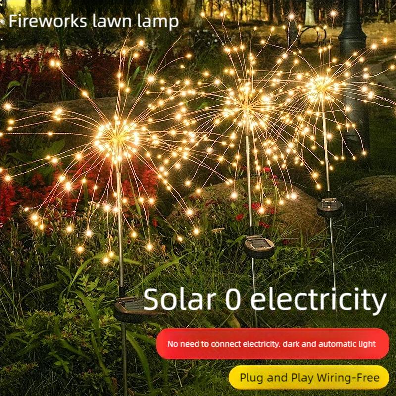 Solar Powered Fireworks, Ground Mounted Lights, Outdoor Atmosphere Decoration, LED Lawn Lights