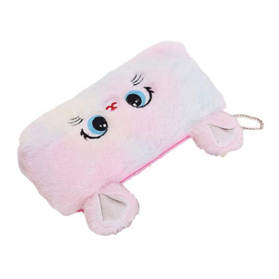 Stationery Box Flannel Pencil Case Zipper Closure Portable Cat Pattern Makeup Pouch Large Capacity