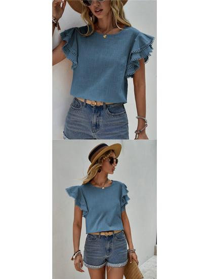 European & American Women's Casual Summer Round Neck Ruffle Batwing Short Sleeve Top