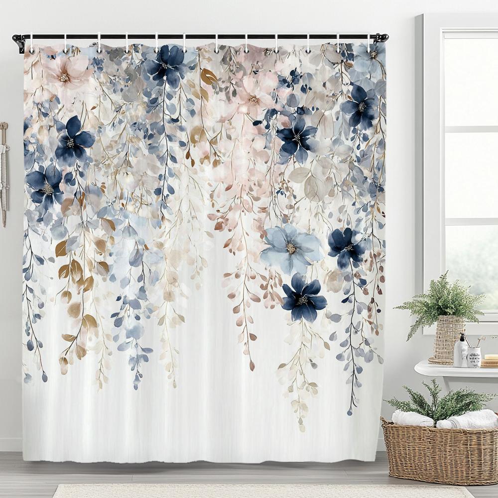 1pc Plant Purple Floral Shower Curtain, Bathroom Decorative Shower Curtain, Printed Polyester Fabric Shower Curtain with Hooks