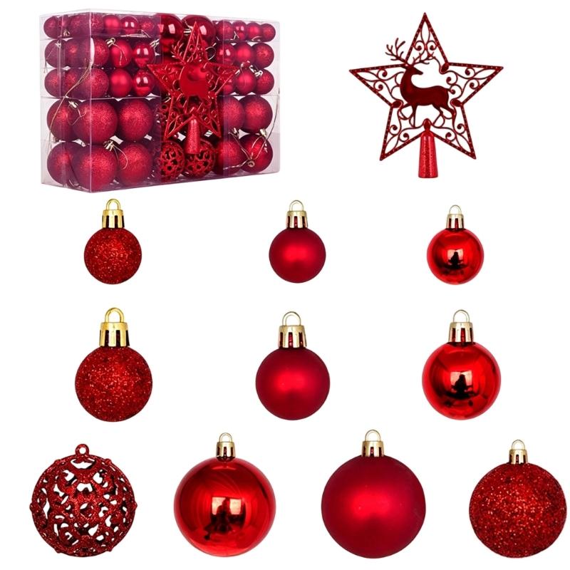 Plastic Christmas Tree Bauble Set, 101-Count Assortment with Mixed Finishes, Varied Ball Styles, and Cutout Star Toppers