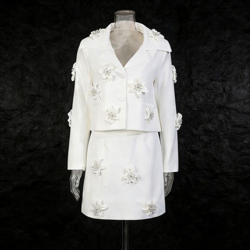 

Niche Design Three-dimensional Flower Two-piece Lapel Two-button Top + High-waist Skirt XL білий