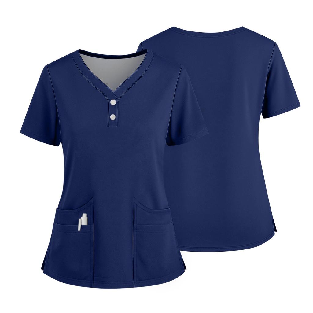 Women's Short Sleeved Solid Color V-neck Buttonable Side Slit Top T-shirt