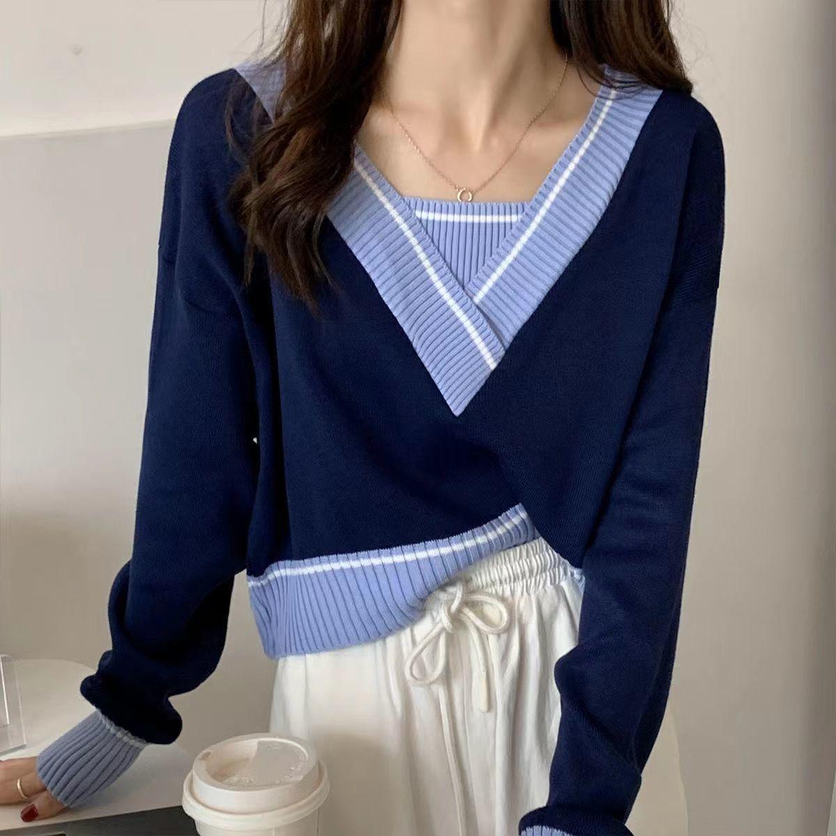 

Ретро контрастный свитер с v-образным вырезом, женский свободный тонкий свитер, короткая искусственная блузка из двух частей S