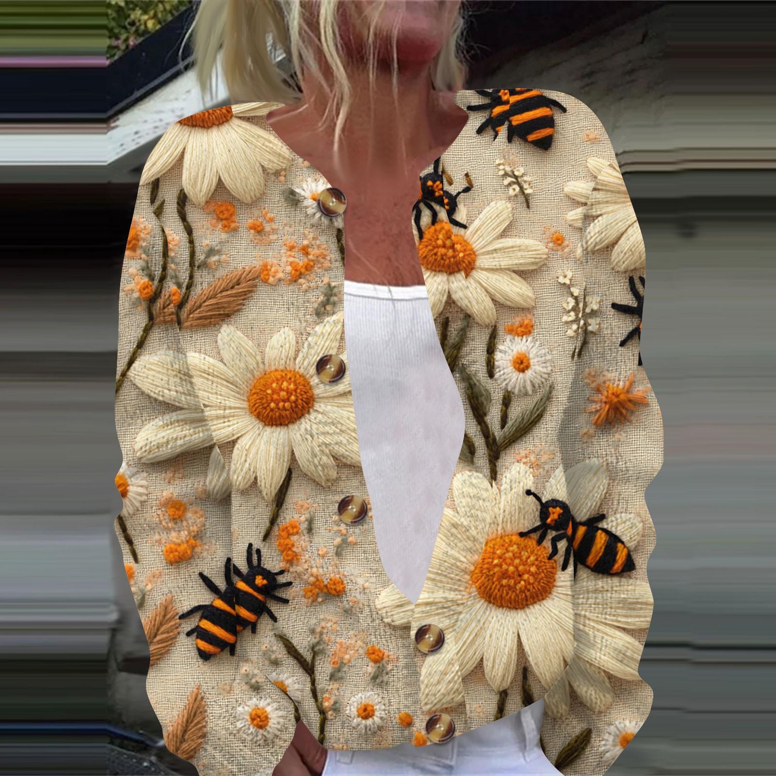 

Женская повседневная мода ретро цветочный принт длинный рукав кардиган куртка на пуговицах L хаки