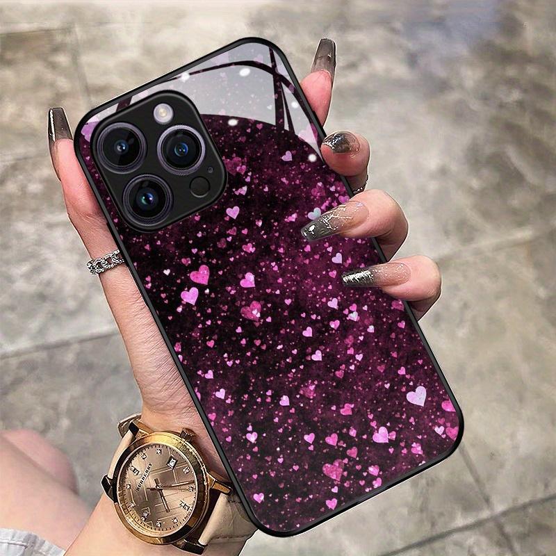 Tempered glass phone case for iPhone 17 16 15 14 13 12 11pm Pro Plus. Full-screen pink heart design.
