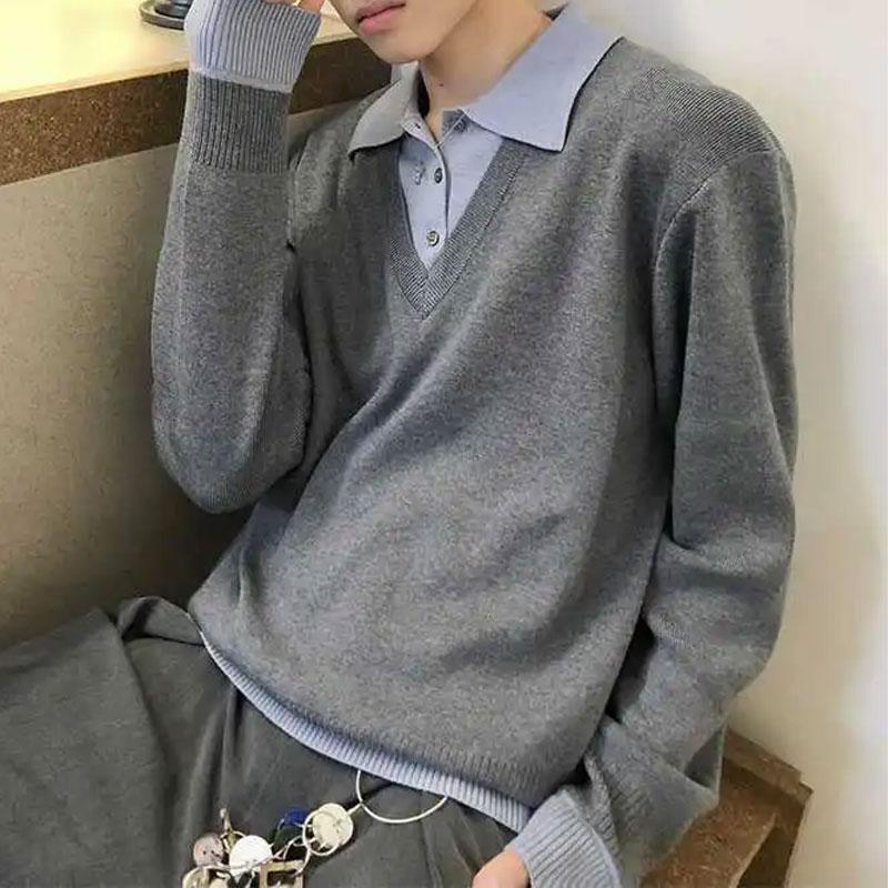 

Fake Two Pieces Polo-Neck Sweaters Men s Clothing Stylish Patchwork Autumn Winter Long Sleeve Casual Button Knitted Pullovers L серый