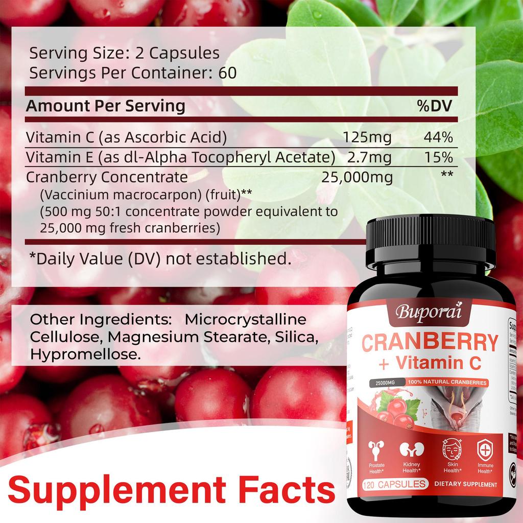 Cranberry + Vitamin C Nahrungsergänzung zur Unterstützung des Harnwegs- und Immunsystems, der Herz-Kreislauf-Gesundheit