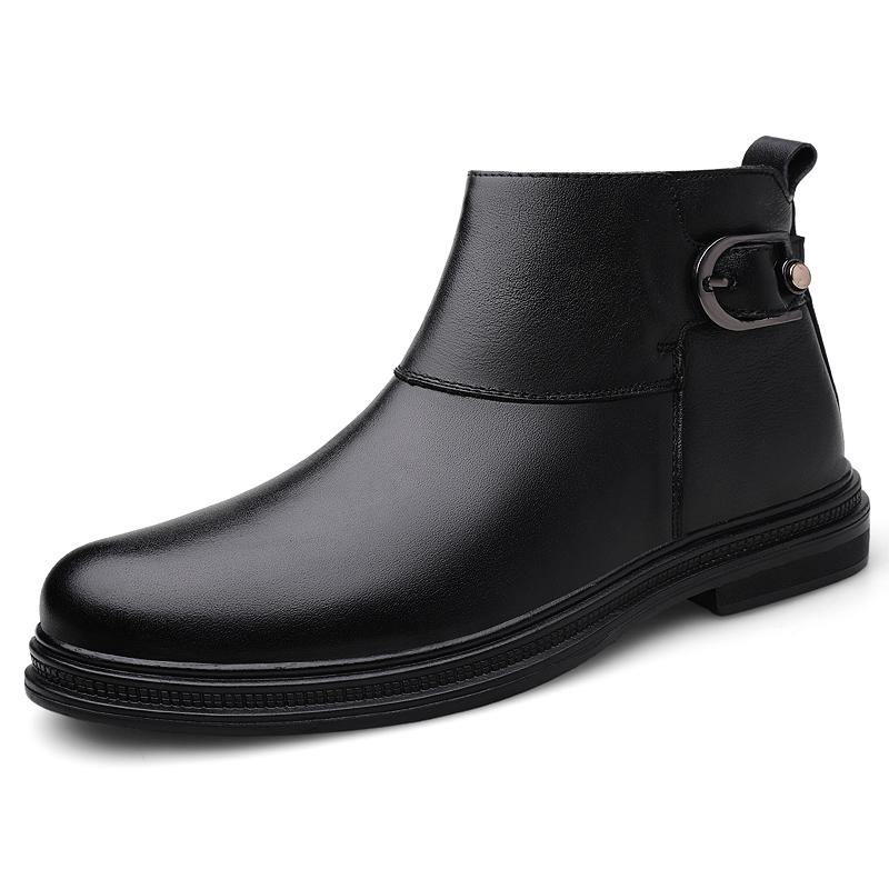 British Style Men's Genuine Leather Casual Shoes Winter Warmth Plush Cotton Shoes Men's Office Formal Short Boots Free Delivery
