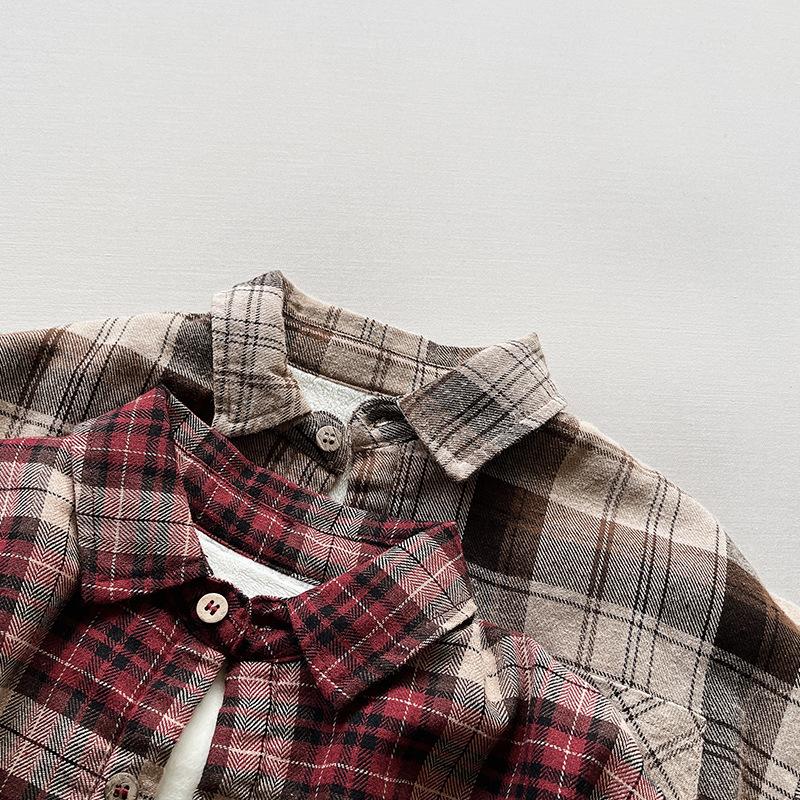 Kids Unisex Fleece Plaid Long Sleeve Shirt Korean Vintage Style Children Shirt