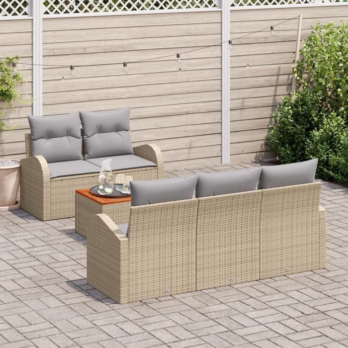 VidaXL Ensemble de Canapé de Jardin de 6 Pièces avec Coussins Beige Poly Rattan Acacia 3356187