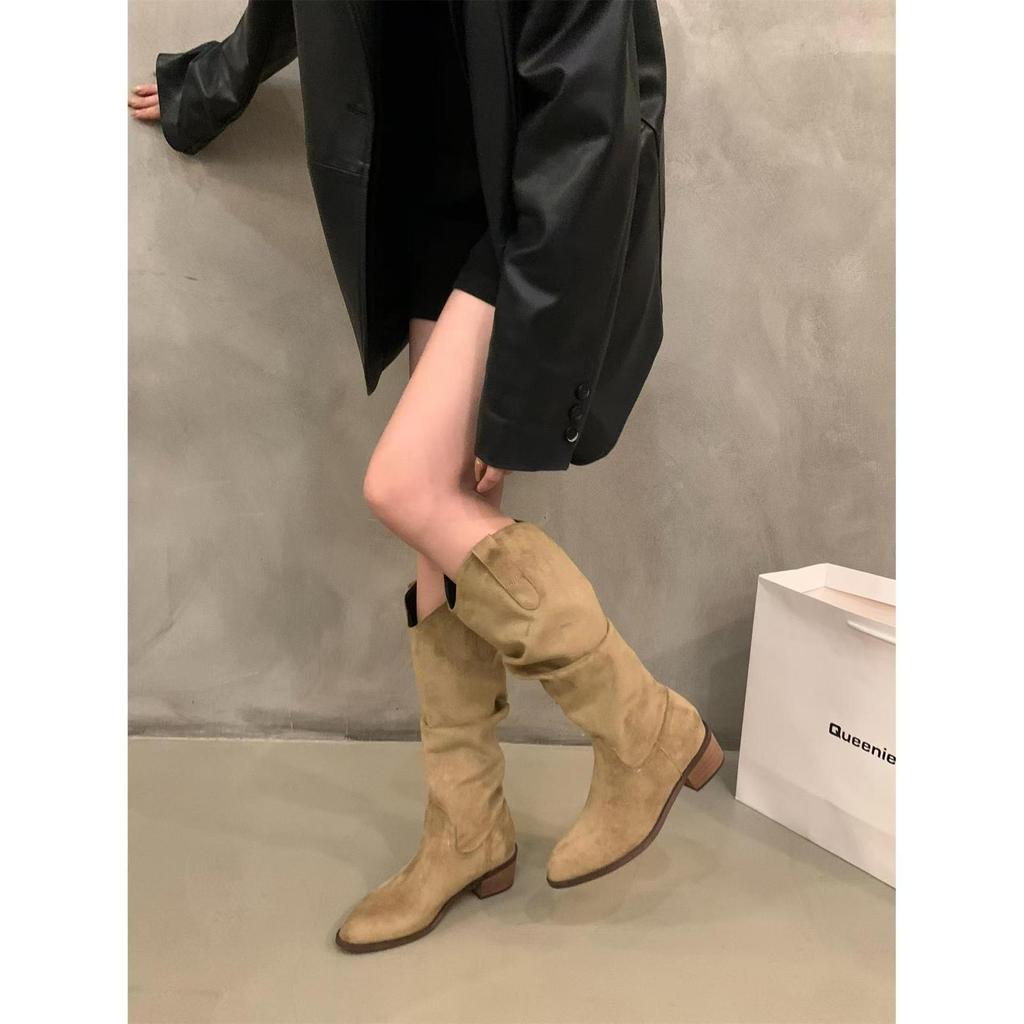 Thick Heel Vintage Brown V-Hole, Pile Medium Boots Women's Shoes 2025 Autumn Pointed Western Cowboy Boots