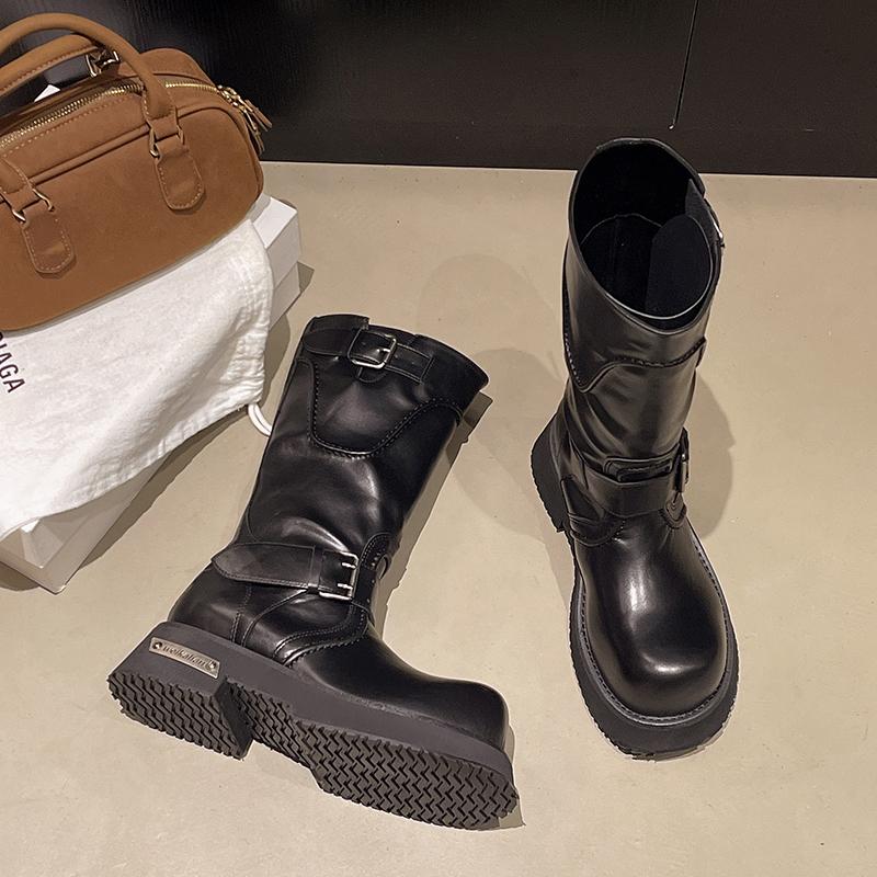 Fashion Brand Desinger Knight Women Mid Calf Boots Chunky High Heeled Platform Punk Motorcycle Long Booties Goth Street Shoes for Women