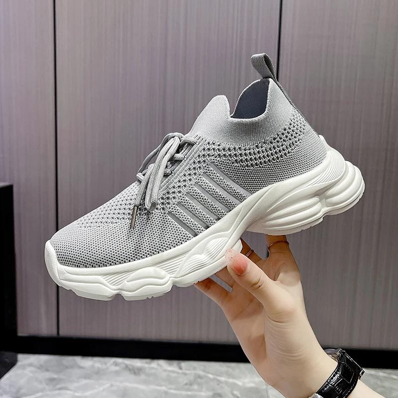 Breathable mesh flying Weaver girl style sports shoes,  new summer versatile casual lace-up thick-soled anti-slip dad shoes