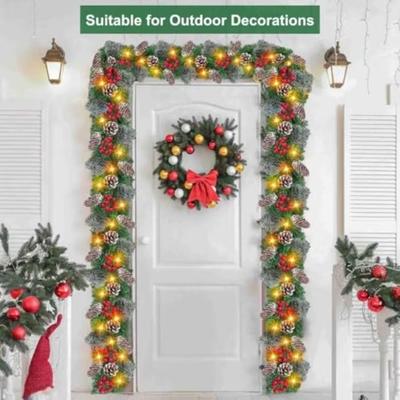 Reusable 8 Modes LED Christmas Garland Waterproof Timer Lighted Xmas Wreath Green Lifelike Christmas Hanging Ornaments New Year