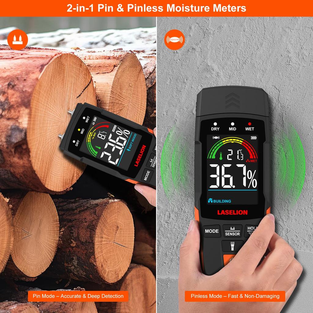 LASELION 2-in-1 Pin & Pinless Moisture Meter MS03 – Accurate Moisture Detection for Wood, Concrete, Drywall, Etc. – LCD Display with Hold Function, Fl