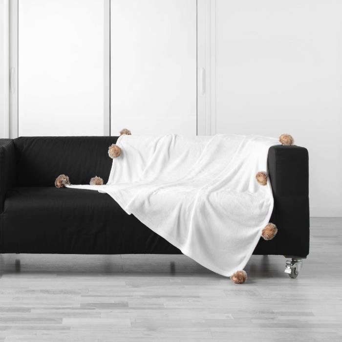 Plaid - Snowy - 125x150cm - 100% Polyester - Couleur Naturel - Pompons En Fausse Fourrure