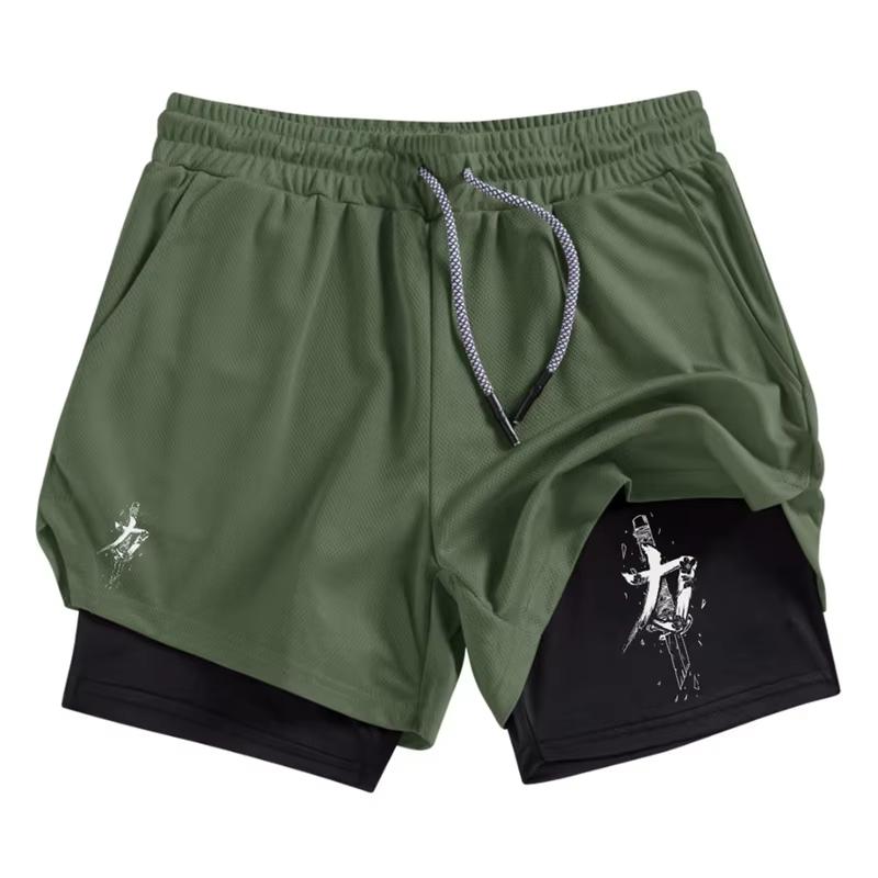 Men's 2-in-1 Running Training Sword Pattern Breathable Quick Drying Sports Shorts with Mobile Pocket Gym Shorts 10106