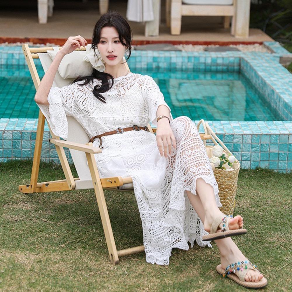 DIMANAF 2025 Women New Suit Skirt Knitting Beach Short Sleeve Lace Hollow Out Sexy O-Neck Hollow Summer Style Tops Tees Loose Basic