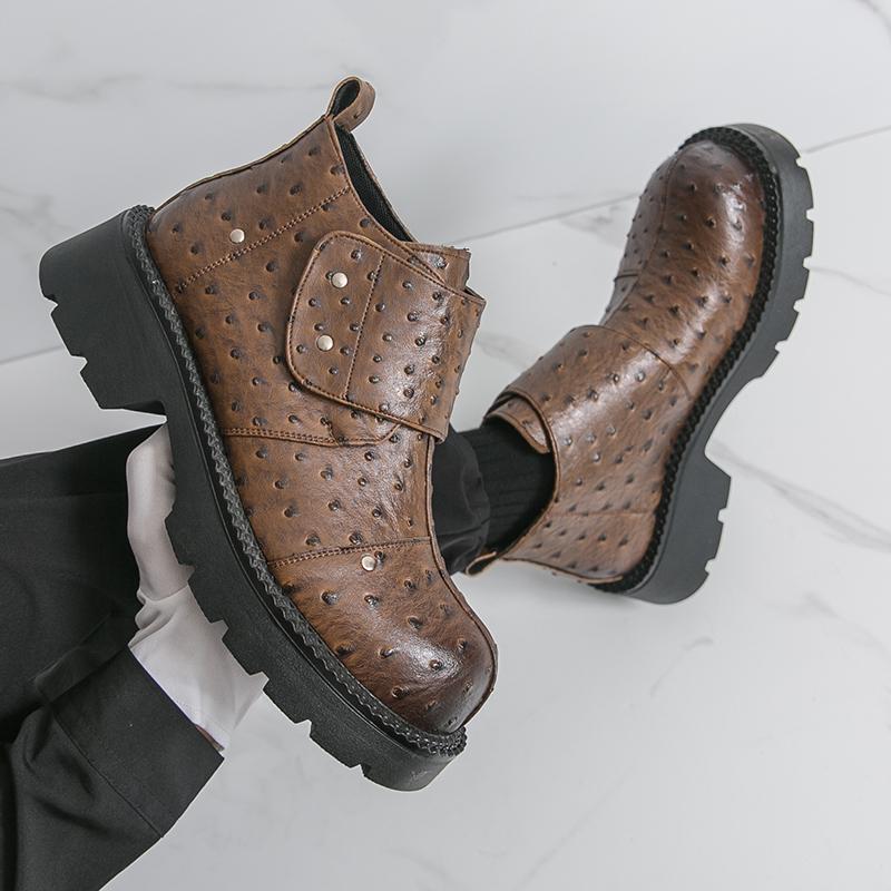 Men’s Retro Punk Thick Sole Platform Boots Elevator Boots Black Zipper Round Toe Motorcycle Boots High Boots Plus Size