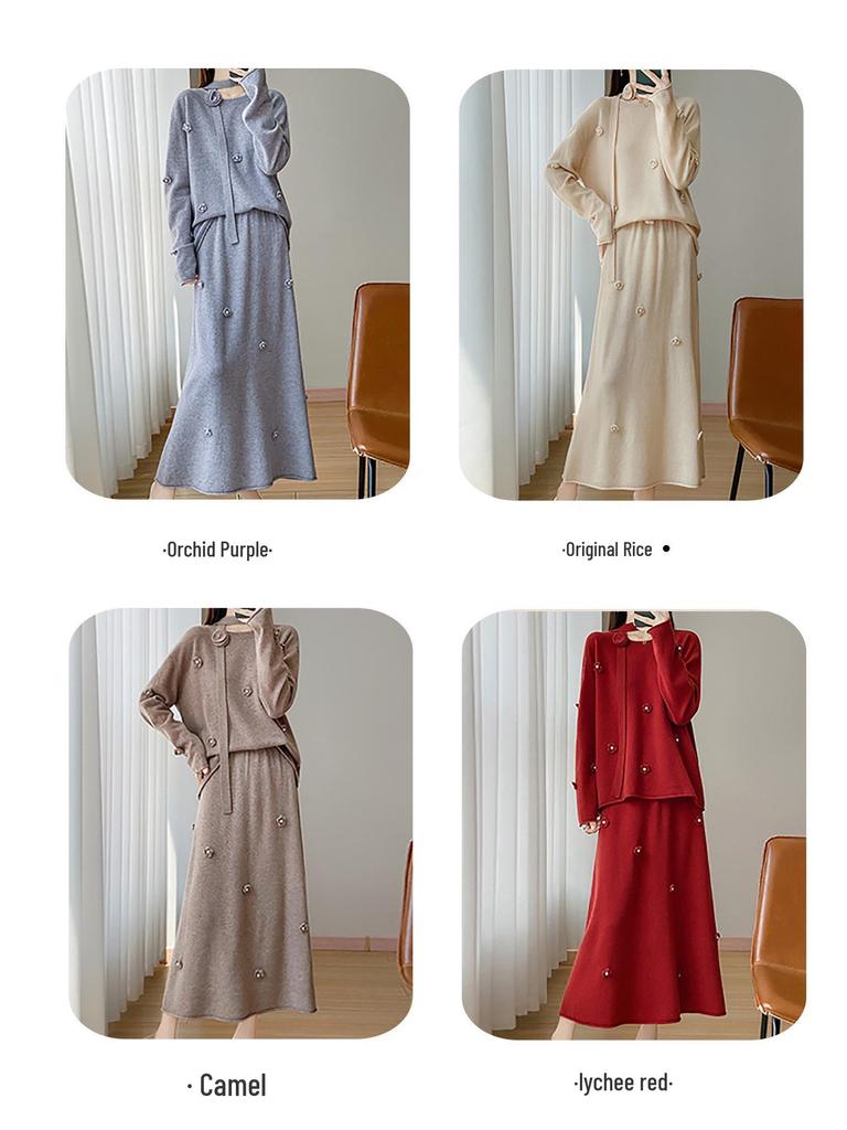 Autumn/Winter Pure Wool Fashion Set with 3D Floral Design Skirt