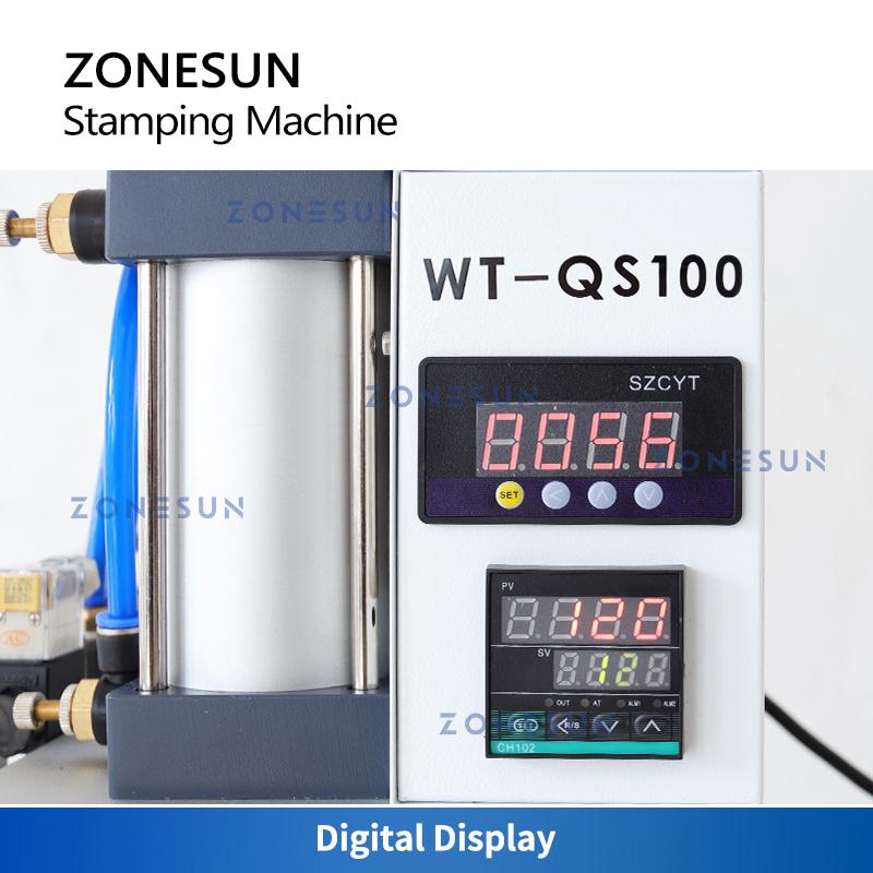 ZONESUN Pneumatische Stanzmaschine Heißpresse Digital Buch Lederbearbeitung Papier Holz Benutzerdefiniertes Logo Prägung Folienzuführer ZS-QS100