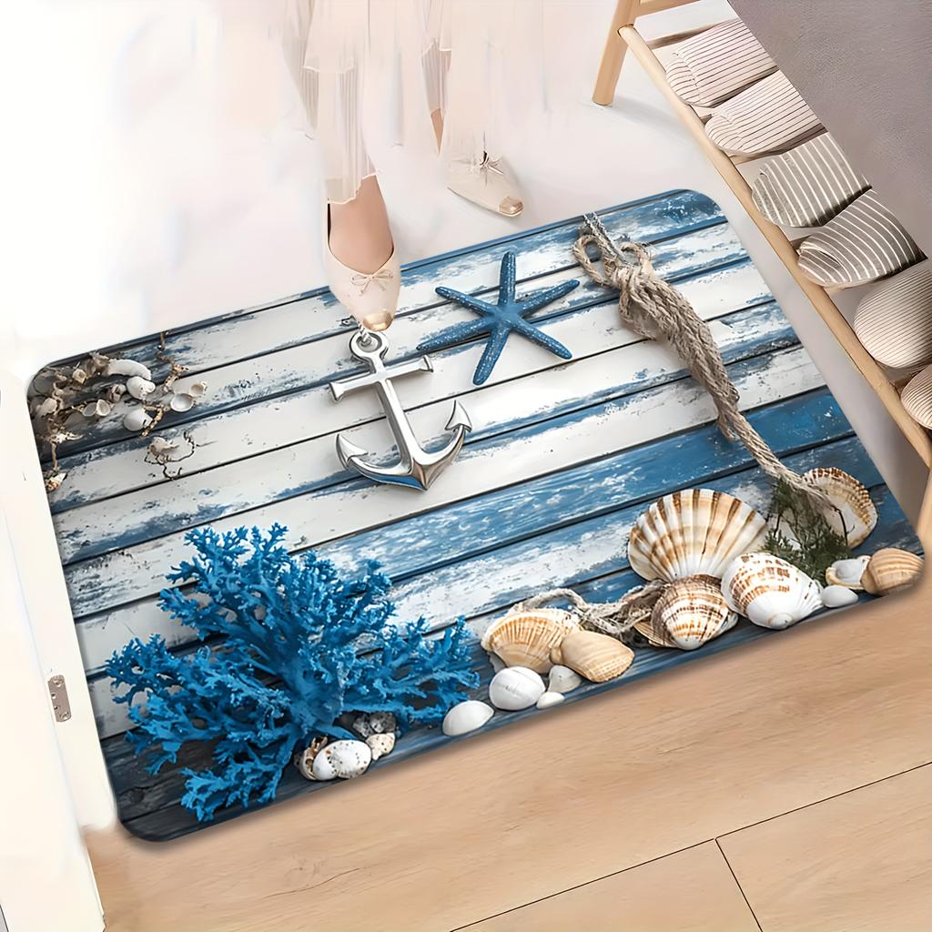 Nautical Anchor Rug Velvet Flannel Printed Floor Mat Beach Shell Design Decorative Carpet Entryway Home Decor