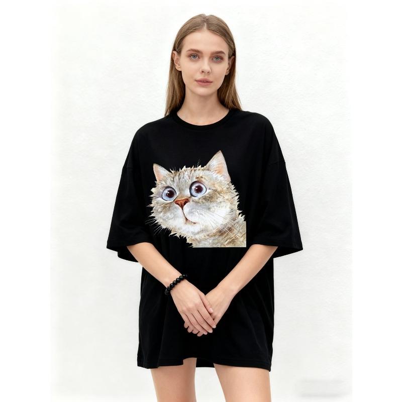 Oversized T Shirt Black Cat Face Print Casual Wear for Women