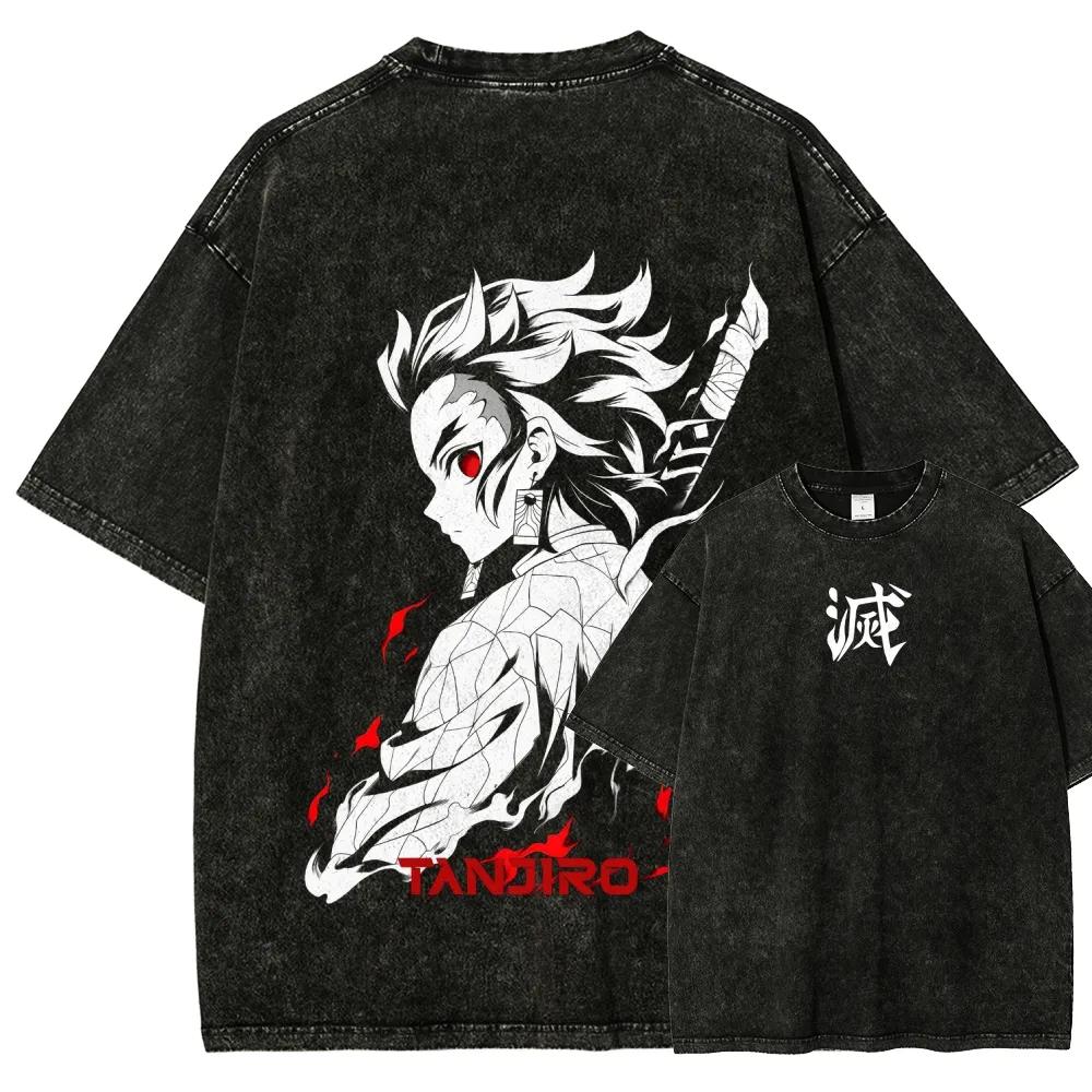 

Tanjirou Print T-shirt Demon Slayer Anime Clothing Men Women Short Sleeve Cotton Tshirts Retro Washed Tee Harajuku Male T Shirt S чёрный