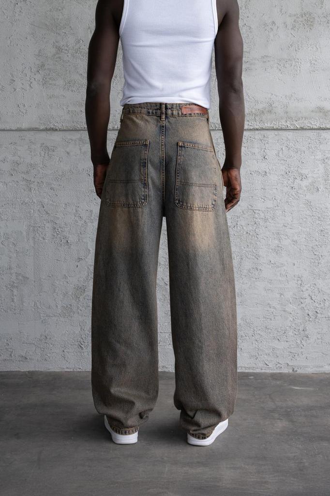 Męskie Spodnie Jeansowe Basic Balloon Fit Baggy - Brązowo Niebieski