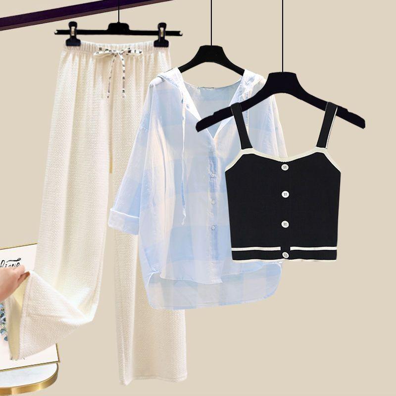

Knitted Suspender Vest Plaid Panel Sunscreen Chiffon Shirt Wide Leg Pants Three-piece Elegant Women Pants Set Summer Outfits XXXXL