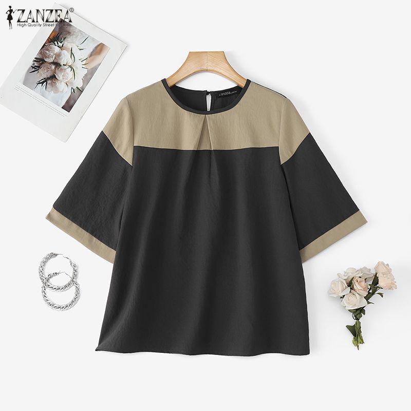 ZANZEA Women Casual Round Neck Loose Patchwork Half Sleeve Blouse
