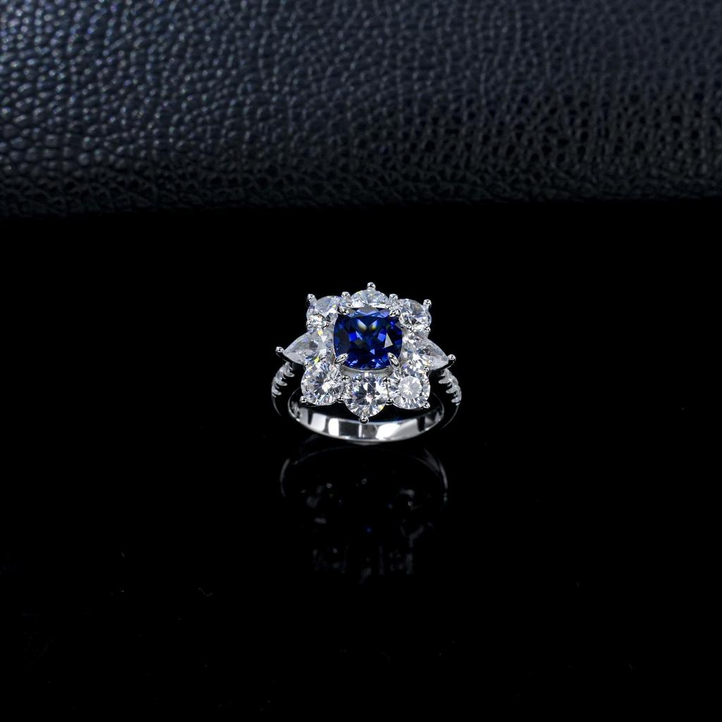 Sterling Silver Sapphire Halo Diamond Ring - Elegant Women's Luxury Jewelry