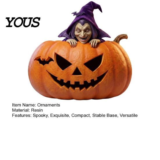Halloween Desktop Decor Resin Pumpkin Witch Figurine, Spooky Bat Detailed Tabletop Decor, Stable Hand Carved Base Mini Statue for Window Showcase Home