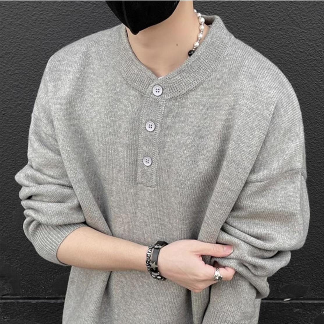 American Scruffy Handsome Henley Collar Men s Sweater: 2025 Autumn/Winter Lazy Vibe Old Money Style Knitwear Cardigan XL серый
