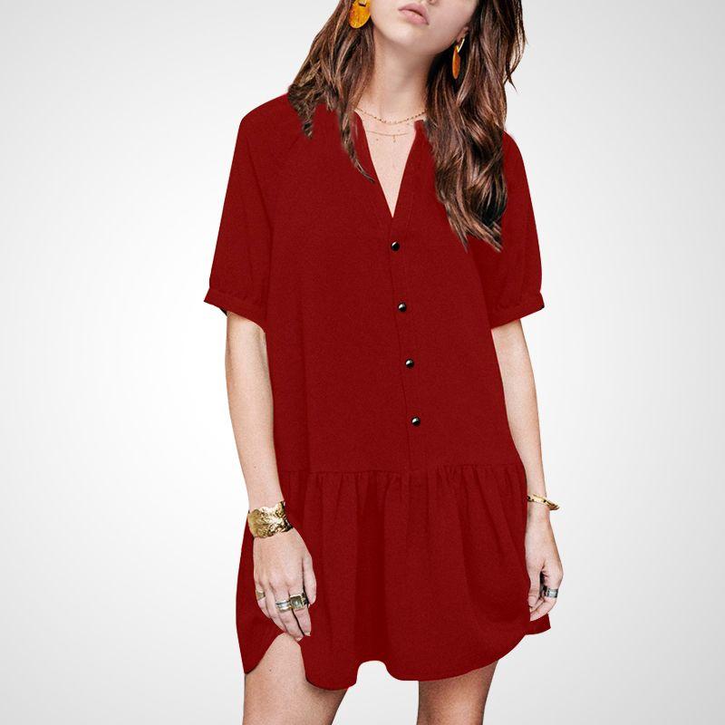 

New V-neck Loose Slim Looking Short Sleeve Black Dress Summer Dress Burgundy M