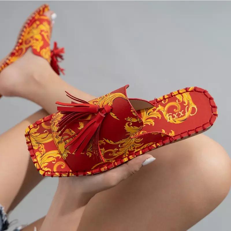 

Женские тапочки, летние модные пляжные шлепанцы с принтом кисточек, женская повседневная обувь в стиле ретро, ​​женские тапочки на плоской подошве, уличные сандалии 37 красный