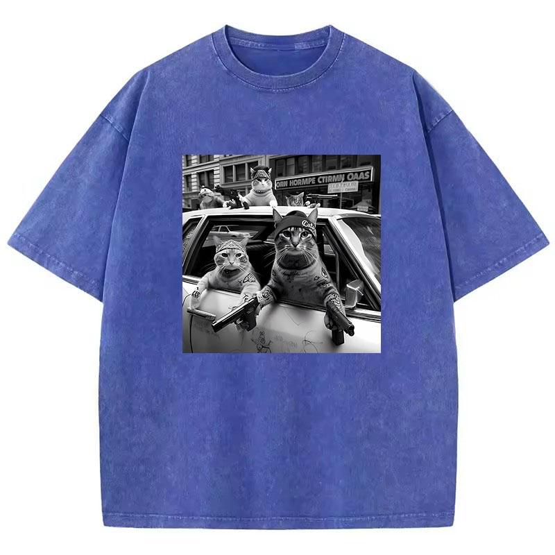 Streetwear Cat T Shirt Vintage Washed Cotton T-Shirt Hip Hop Graphic Tee Casual Streetwear Spring Summer