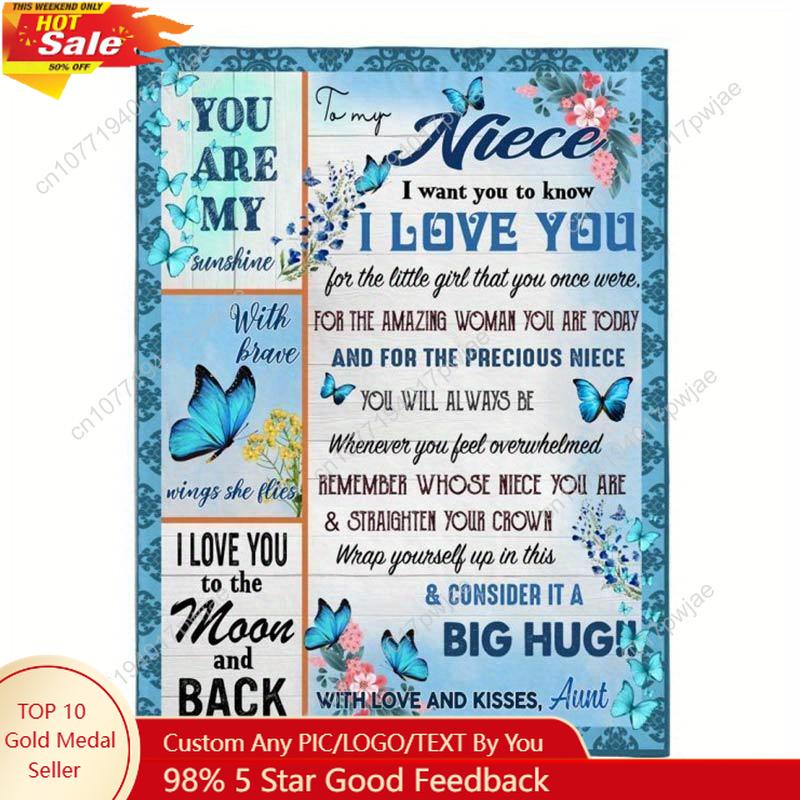 280GSM Blanket for My Niece from Auntie I Want You to Know I Love You Blue Butterfly Flower Print Custom blankets 75X95CM