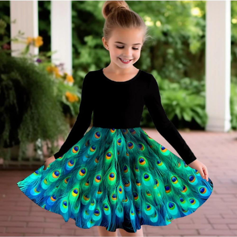 Mädchen Lässiges 3D Pfauenmuster Print Rundhals Langarm Kleid Kinder Prinzessinnenkleid