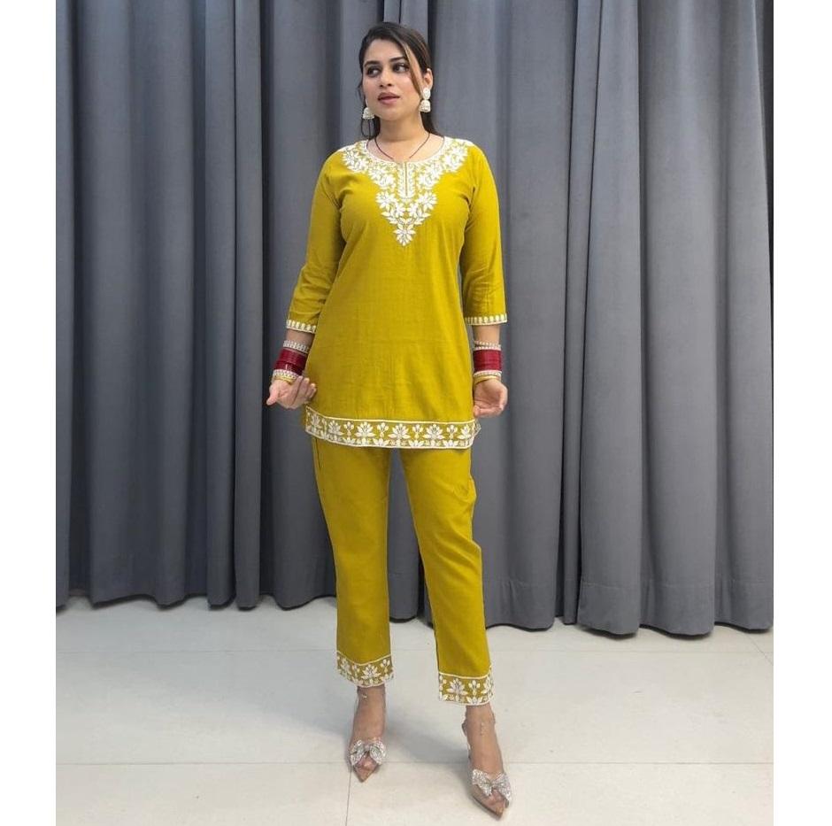 Set cordon din bumbac pur designer indian pentru femei, stil Chikenkari, ținută de petrecere, Bollywood Kurti