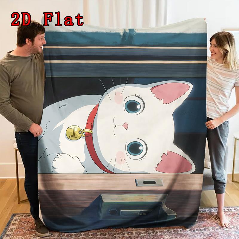 Little white cat 2D Flat Pattern Flannel Blanket High quality All Seasons Warmth and Comfort Perfect for Christmas Gifts.P260914533