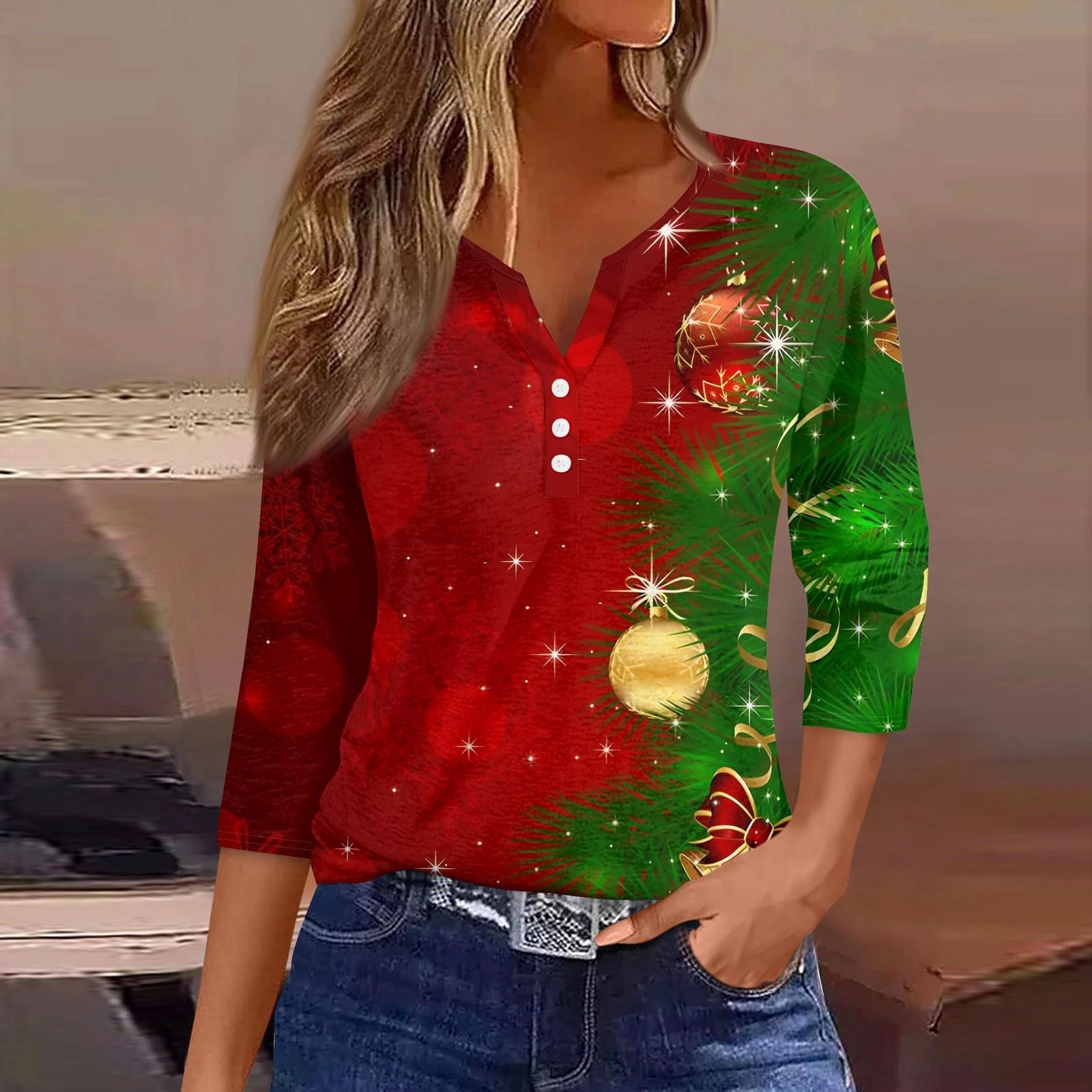 

Женская модная повседневная футболка с пуговицами, V-образным вырезом, семью рукавами и рождественским принтом XXXL винный